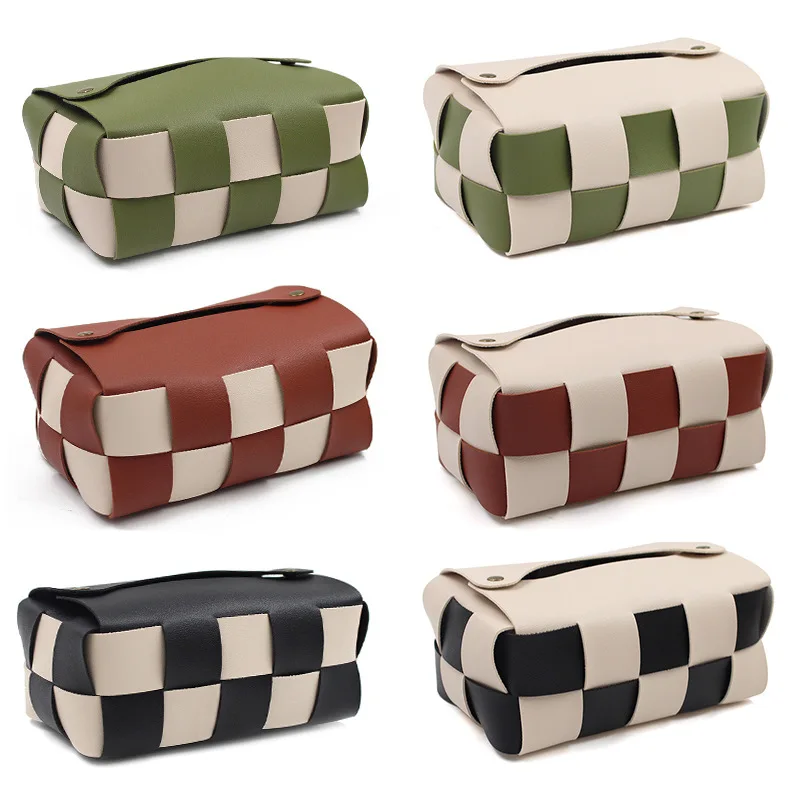 Checkerboard Woven Tissue Box Waterproof PU Leather Tissue Storage Box Square Car Tissue Organizer Desktop Home Decoration 3