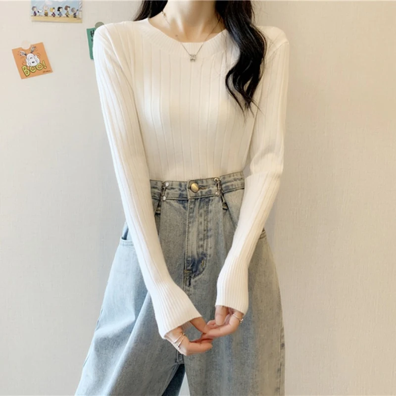 

Autumn Casual Slim Fit Long Sleeve Bottoming Tops Women Fashion Knit Clothes Solid Color Round Collar Pullover Sweaters 28534