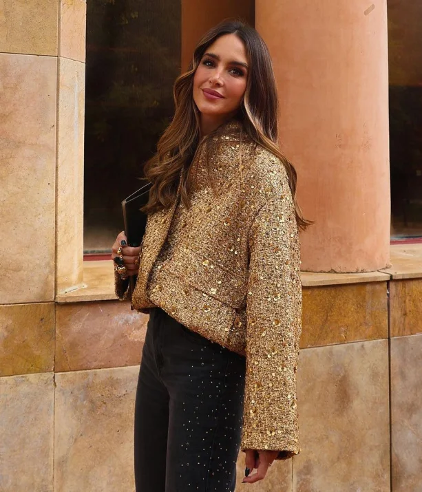 

Metal Color Sequin O Neck Jacket For Women Loose Stand Collar Long Sleeve Coat Gold 2023 Autumn Winter Street Female Outwear