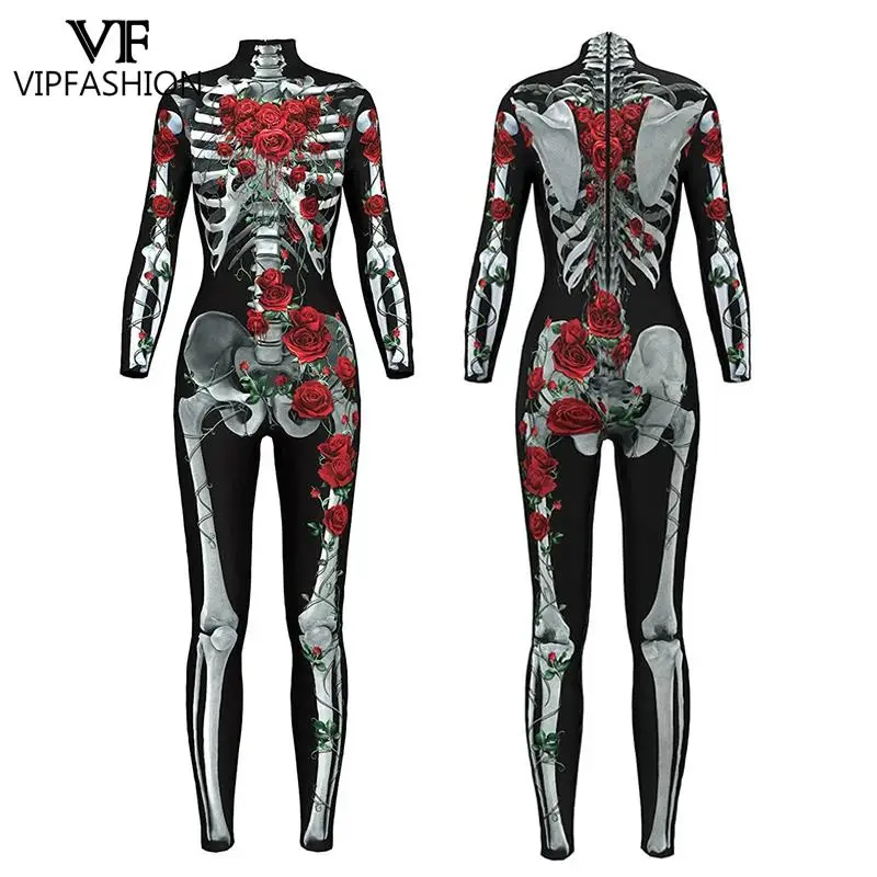 VIP FASHION Skeleton Rose Print Long-Sleeved Clothes Halloween Costumes For Women Purim Carnival Catsuit Bodysuit