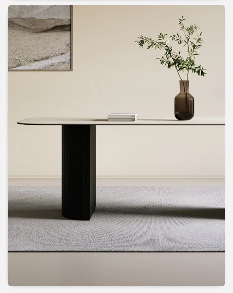 Atunus Nordic Minimalist Reclaimed Solid Wood Black Dining Table Ribbed Modern Luxury Dining Table 8 Seater Oval