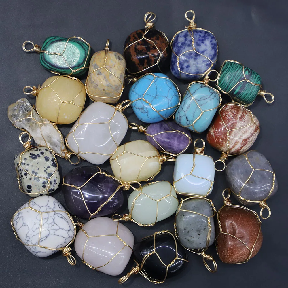 Natural Stone Gold Line Wire Winding Necklace Pendants Irregular Multicolor Quartz Crystal Agate Charms Jewelry Accessories 8Pcs