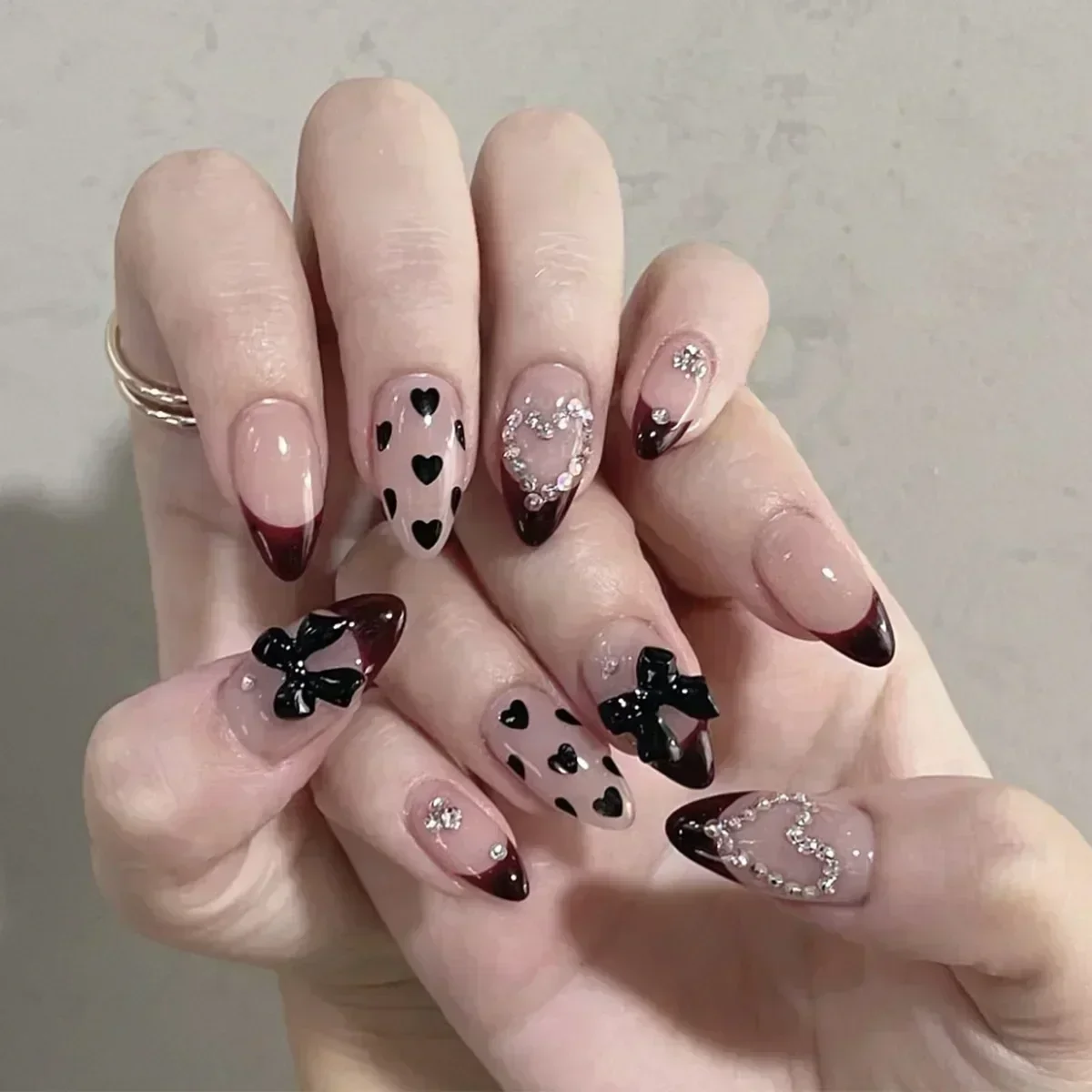 24pcs Fake Nails Leopard Print 3D Bow Wearable Stick-on French Almond Press on