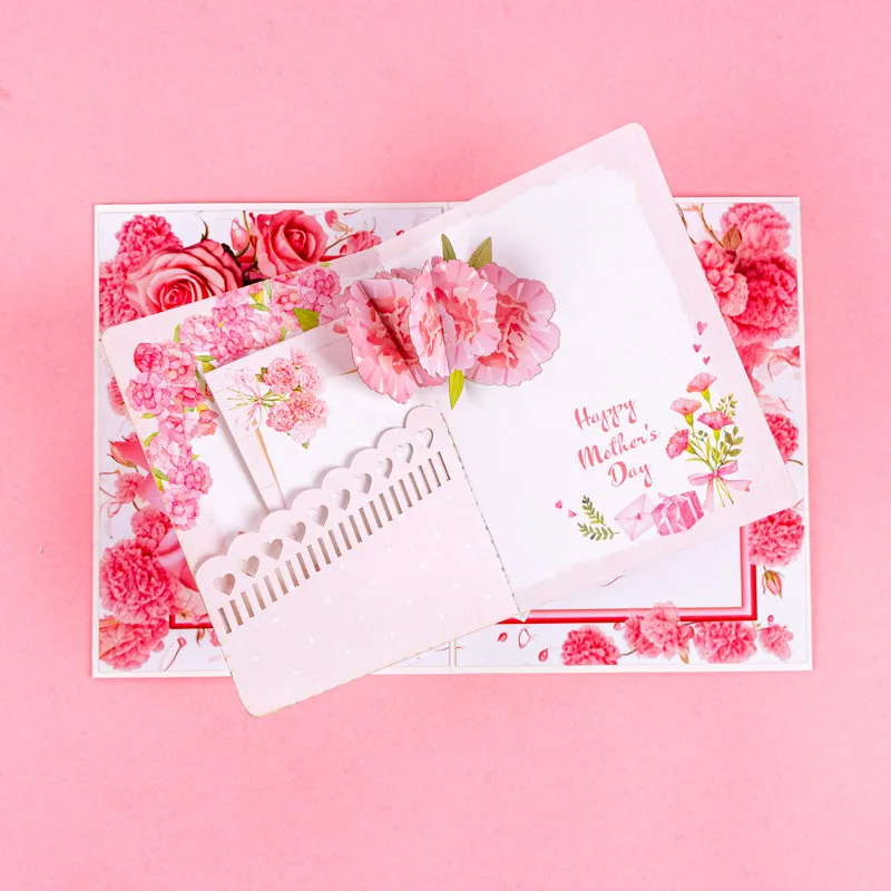 1PC New Pink Double Layered Mother's Day 3D Greeting Card for A Gift for Mothers with 3D Blessings Card