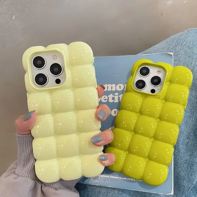 Cute Cartoon 3D Block Lattice Case for iPhone 15 14 13 16 Pro Max 12 11 Glossy Candy Solid Color Soft Silicone Shockproof Cover 2