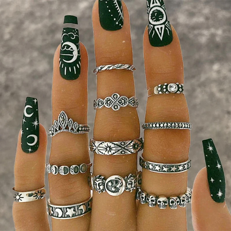 Hiphop Vintage Rings Set For Women Men Aesthatic Retro Punk Silver Plated Heart Flower Butterfly Chain Finger Ring Jewelry ring set