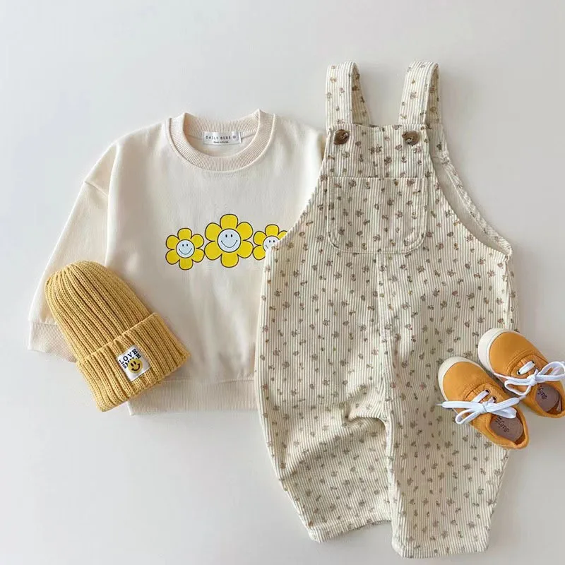 New Autumn Baby Boy Solid Casual Overalls Girls Children Floral Suspenders Jumpsuit Kid Loose Cotton Denim Pants Infant Trouser 5