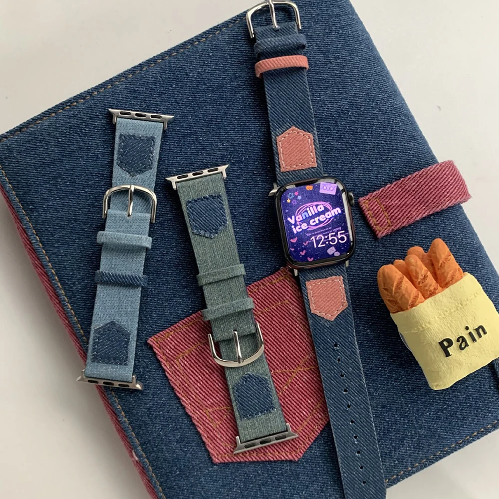 애플 워치 밴드용 청바지 데님 스트랩, 원단 가죽 iWatch 팔찌 시리즈 8, 7, 6, 5, 4, 3, SE 울트라, 49mm, 45mm, 44mm, 41mm, 40mm, 42mm