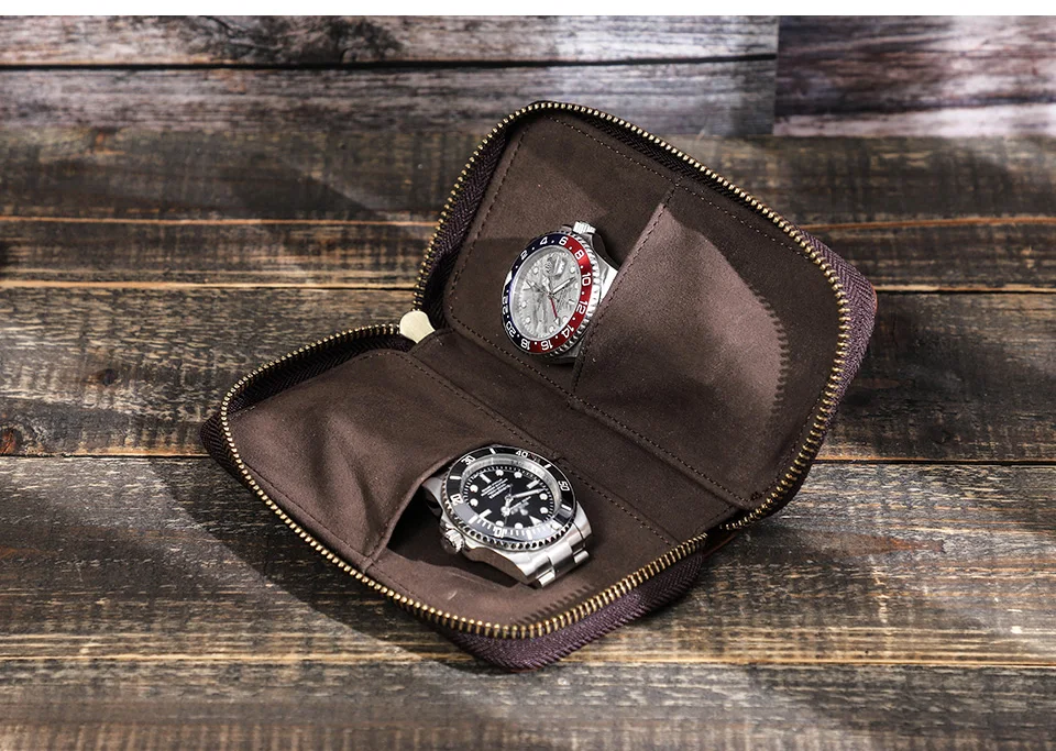 CONTACT'S FAMILY Premium-Vintage-Uhrentasche, Aufbewahrungstasche, 2 Fächer, tragbare Reiseuhr, echtes Leder, Tasche als Geschenk – Detail 7