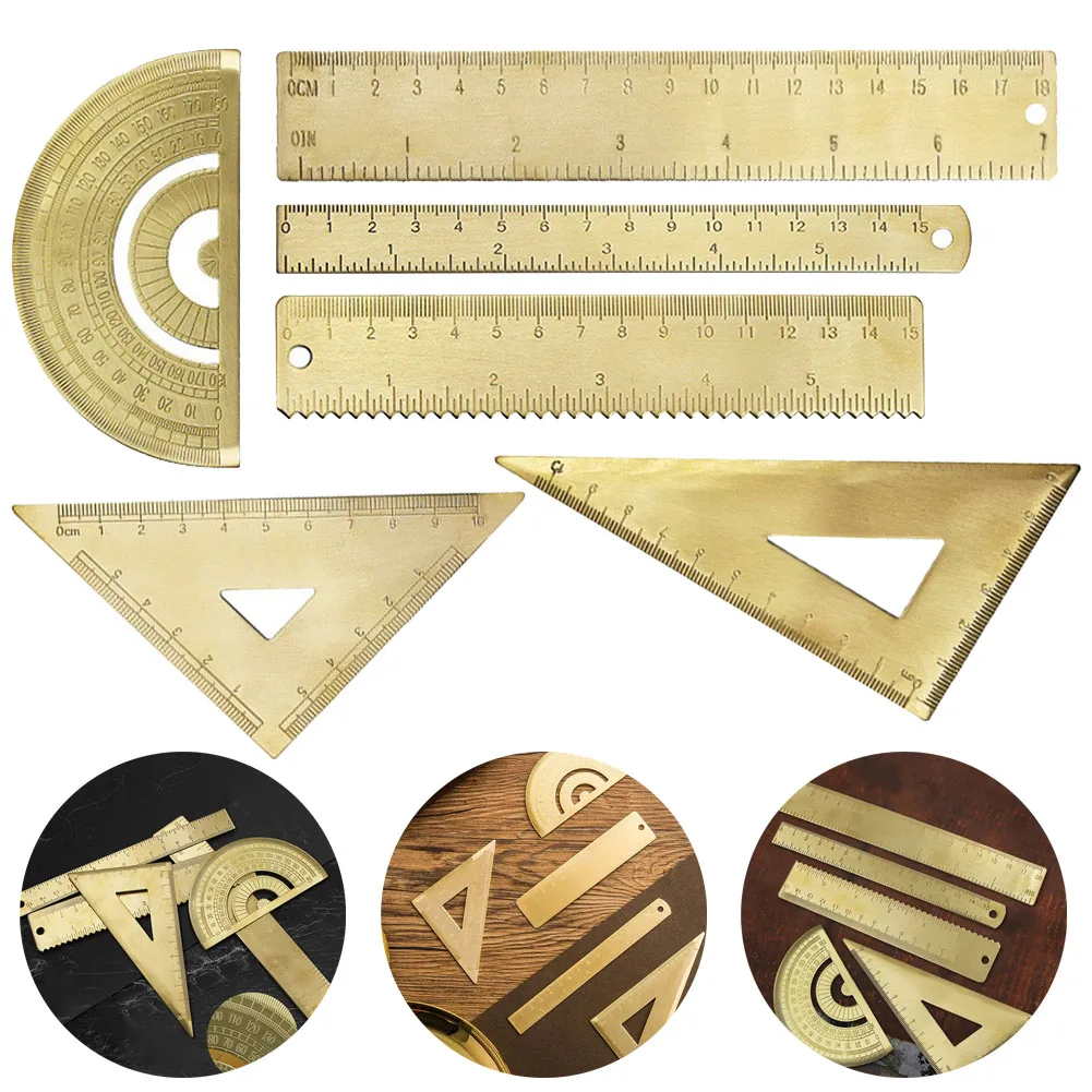 Mini Retro Brass Ruler Triangle Ruler Protractor Measure Tools Cartography Ruler Geometric Metal Drawing Kit Bookmark Stationery 3