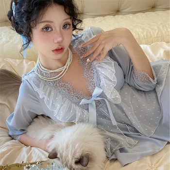 Spring New Lace Pajamas Suit Princess Style Nightwear Rayon Stain Solid Long Sleeve Deep V-Neck Home Clothes 1