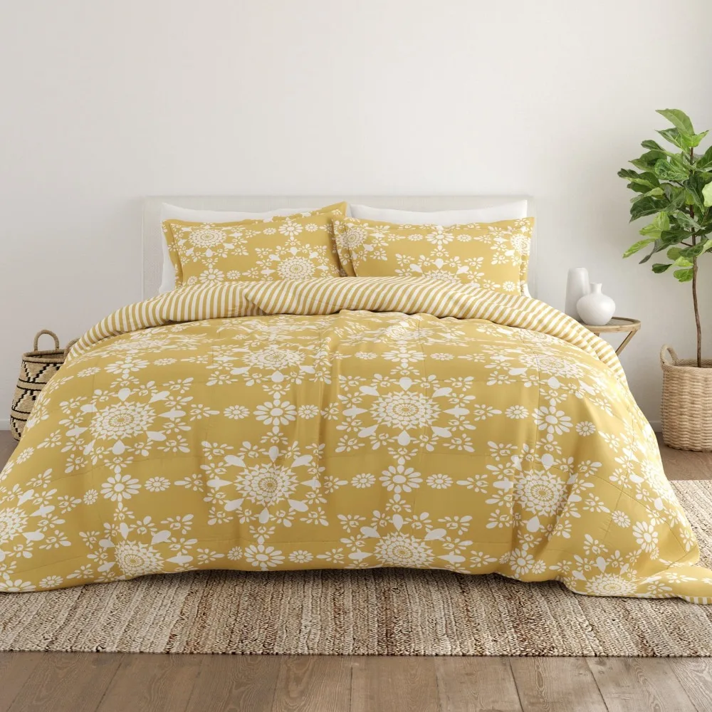 

3-Piece Yellow Daisy Medallion Reversible Print Comforter Set, Full/Queen,King bedding set comforter bedding sets Home Textile