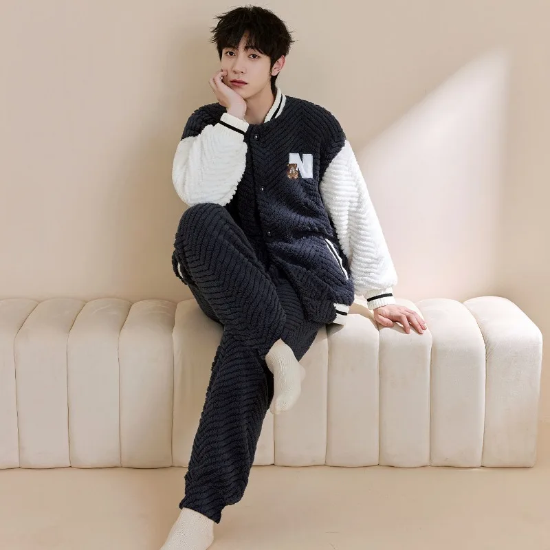 Male Baseball Collar Flannel Home Clothes Outside Wear Autumn Winter Pajamas Men Loose Simple Casual Two-piece Loungewear Suit