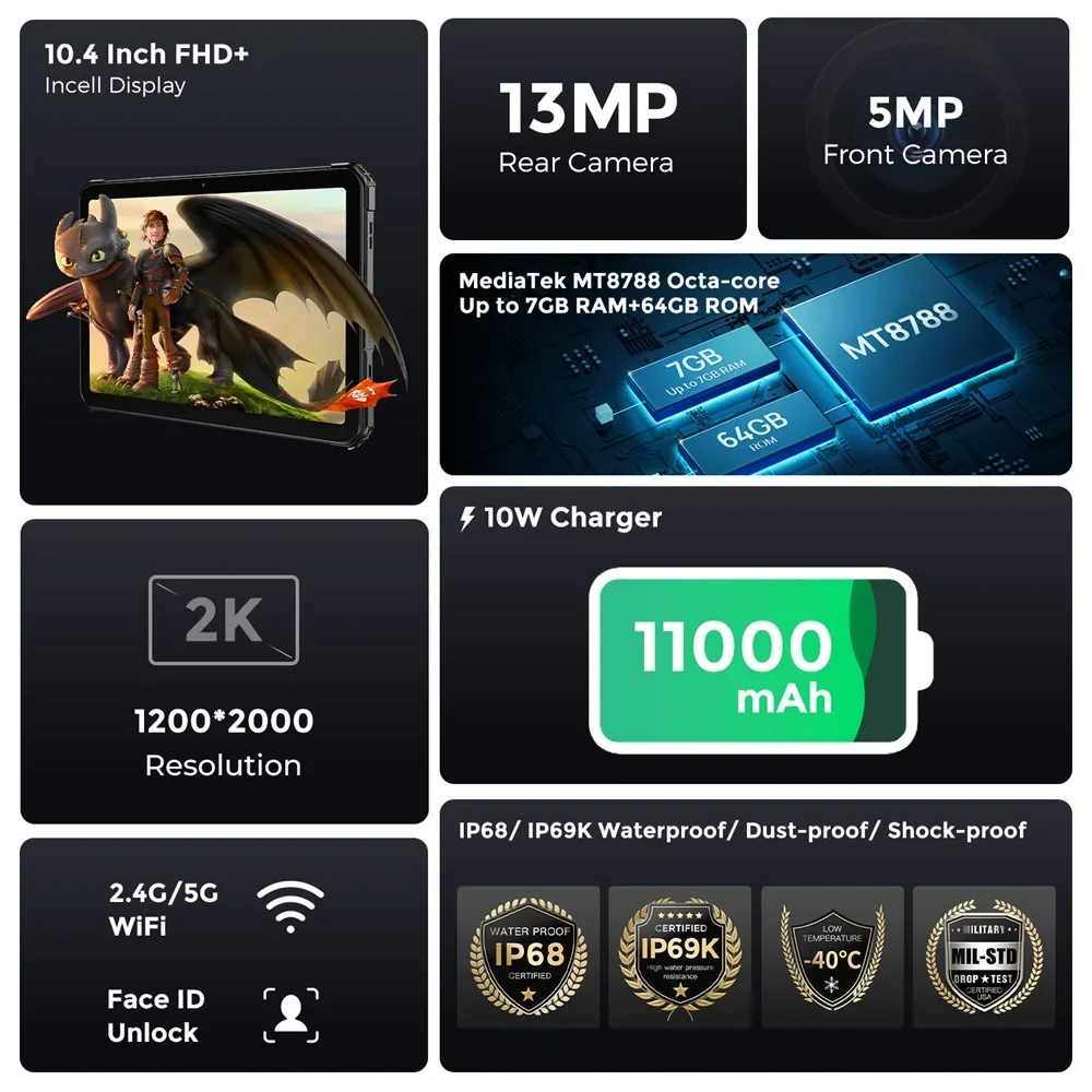 Fossibot DT1 Lite Rugged Tablet 10.4'' 2K-Large Screen 4GB RAM 64GB ROM Android 13 11000mAh Battery Four Hi-Res Speakers Pad 2