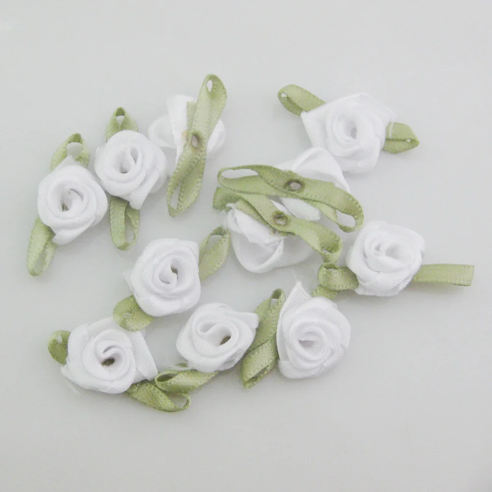 Vibrant Fabric Ribbon Rose Rosettes with Leaf - Set of 50 Flower Embellishments for DIY Crafts & Sewing Supplies