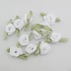 Vibrant Fabric Ribbon Rose Rosettes with Leaf - Set of 50 Flower Embellishments for DIY Crafts & Sewing Supplies (30 white)