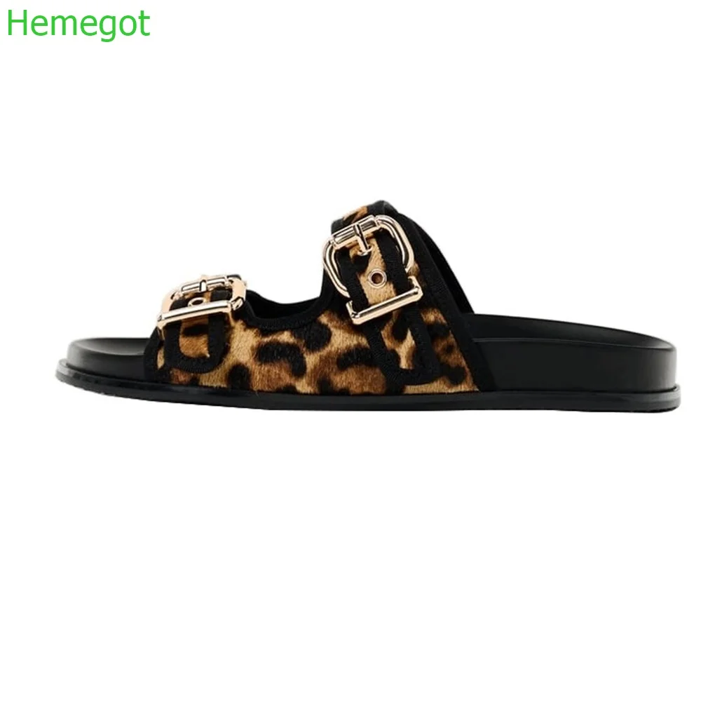 Black Leopard Print Casual Slippers Summer Fashion Thick-Soled Sandals Metal Belt Buckle Versatile Ladies Outside Beach Slides