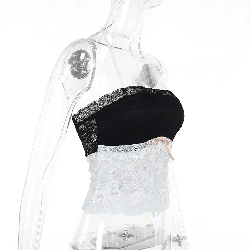 Halter Lace See-Through Crop Top Ruffled Contrast Tank Top - Y2K Fashion Patchwork Strapless Sexy Contrast Cropped Top