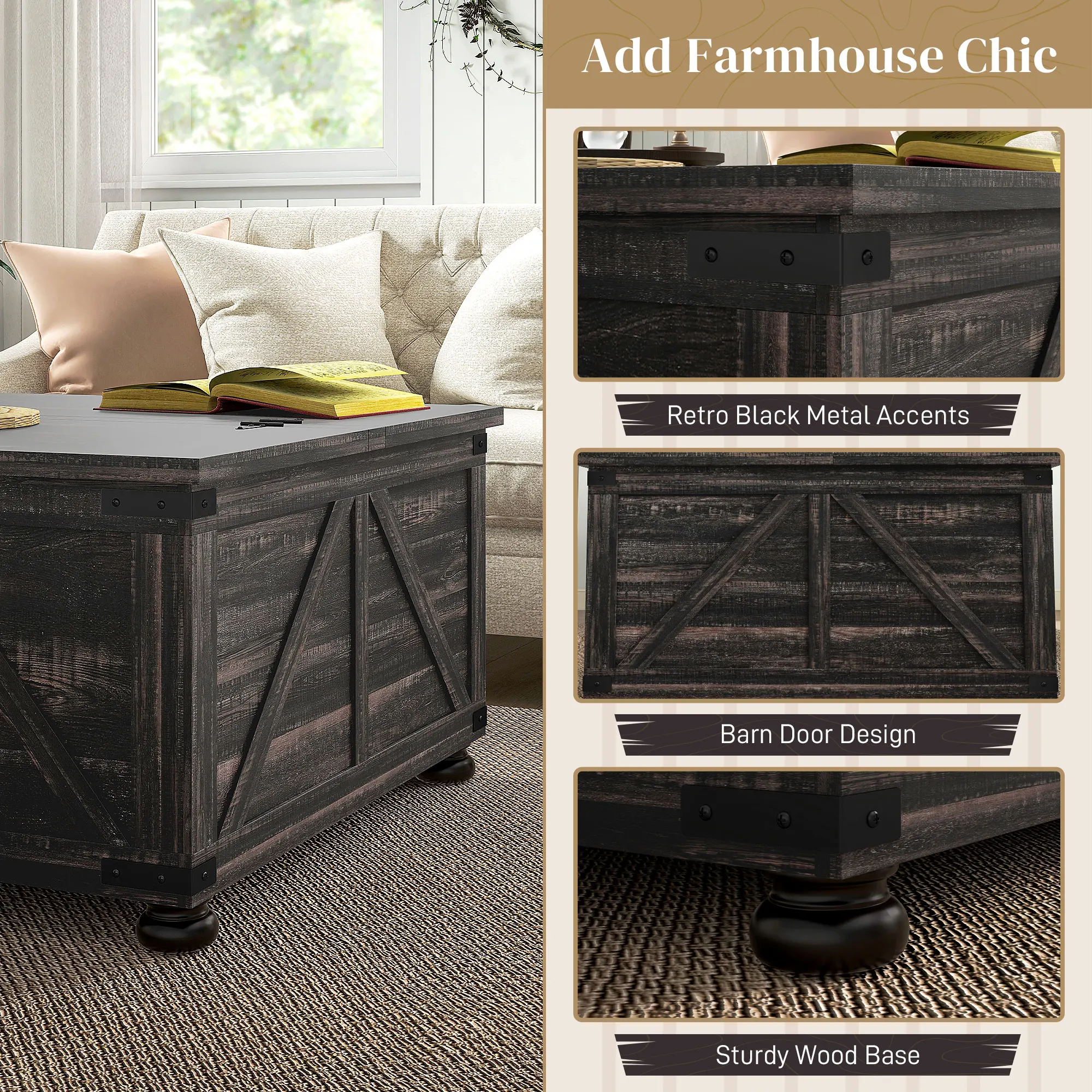 Coffee Table with Flip Top Hidden Storage, Square Center Table Distressed Brown 4