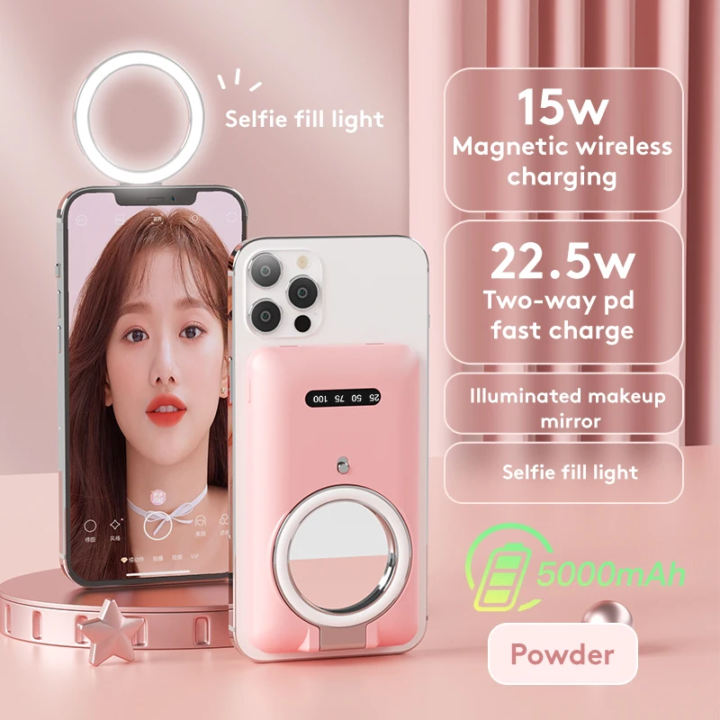 power bank 2022 5000mAh NEW Beauty Makeup with Fill Light + Mirror Portable Magnetic Wireless Power Bank For iPhone 12 13 External Battery power bank mini Power Bank