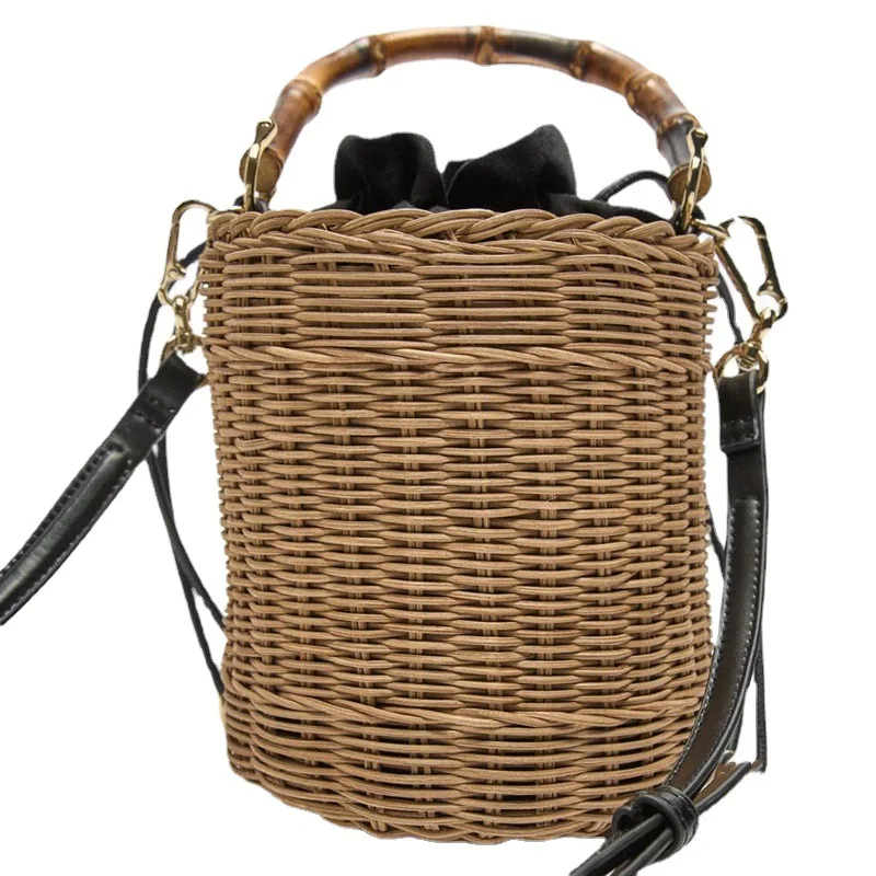 New Women's Bohemian Crossbody Bag Drawstring Straw Woven Bucket Bags Female Rattan Wicker bamboo Handle Beach Handbags