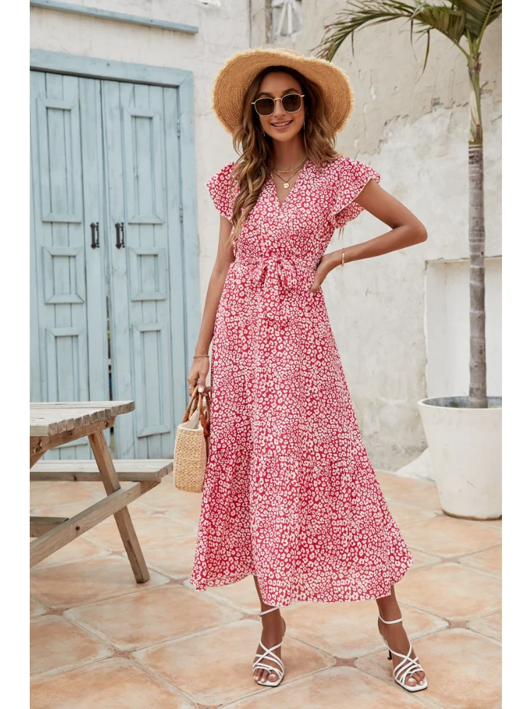 

Summer New Women's Clothing Flying Sleeve with Waistband Pleated Hem Short Sleeve Floral Long Dress Commuter Women's Dress