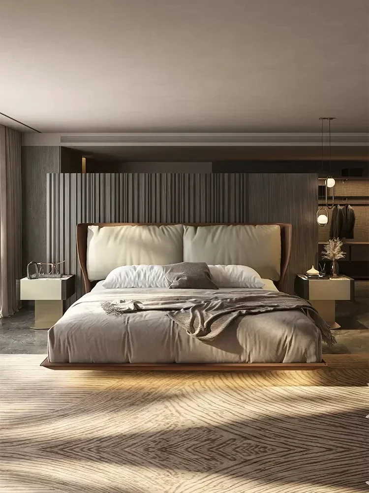 

bed Suspension modern simple leather flush edge soft bag Italian minimalist light luxury suspended