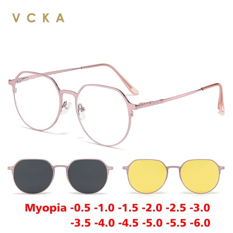 

VCKA 3 in1 Magnetic Clip Myopia Sunglasses Glasses Women Men Polarized Prescription Optical Big Frame Eyeglasses -0.50 to -10