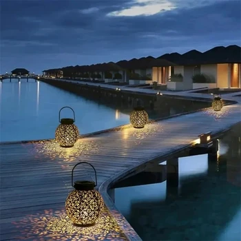 LED Solar Lantern Light Hollow Wrought Iron Projection Light Hanging Lamps Outdoor Waterproof Yard Garden Art Decoration 2