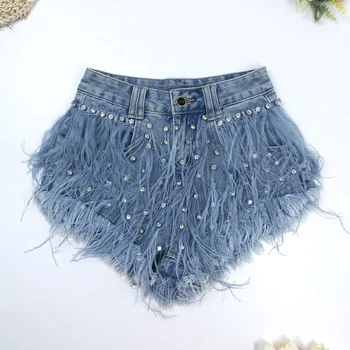 Rhinestone Beaded Exquisite Feather High Waist Denim for Women's Blue Jeans Shorts DS Nightclub Sexy Hot Pants Fashion 1