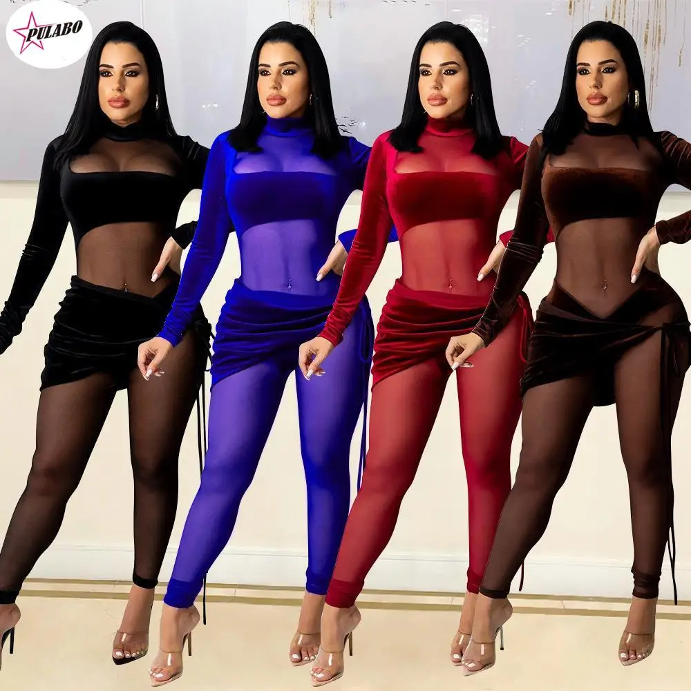 

PULABO Sheer Mesh Patchwork Velvet Jumpsuit Women Sexy See Through Mock Neck Long Sleeve Skinny Overalls Night Club Wear