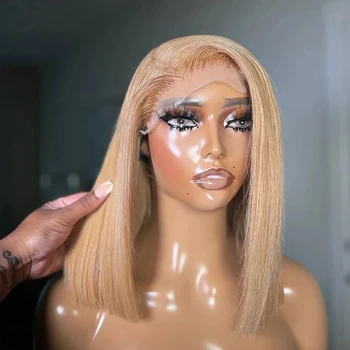 27# Honey Blonde Lace Frontal Wigs 13x4 Lace Front 100% Human Hair Wigs Bone Straight Bob Brazilian Wigs 200 Density on Sale
