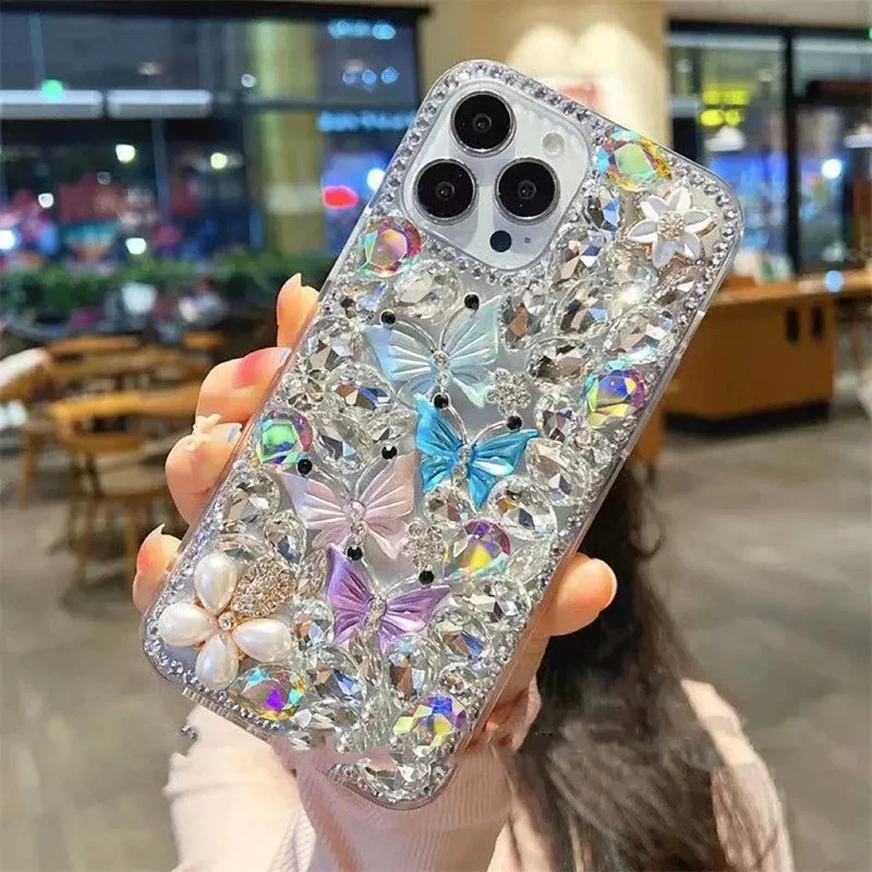 Luxury Manual Inlaid Rhinestone Butterfly Phone Case for Xiaomi Redmi 9A 9C Note8 9Pro Note10S Note11 Pro 12Pro Hard Cases