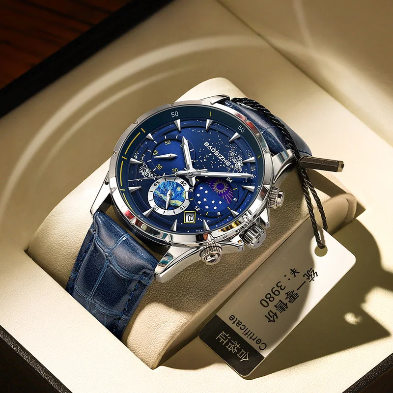 

Watch for Men Fashion Design Luxury Business Waterproof Quartz Sport Moon Phase Calendar Watches Leather Strap Wristwatch