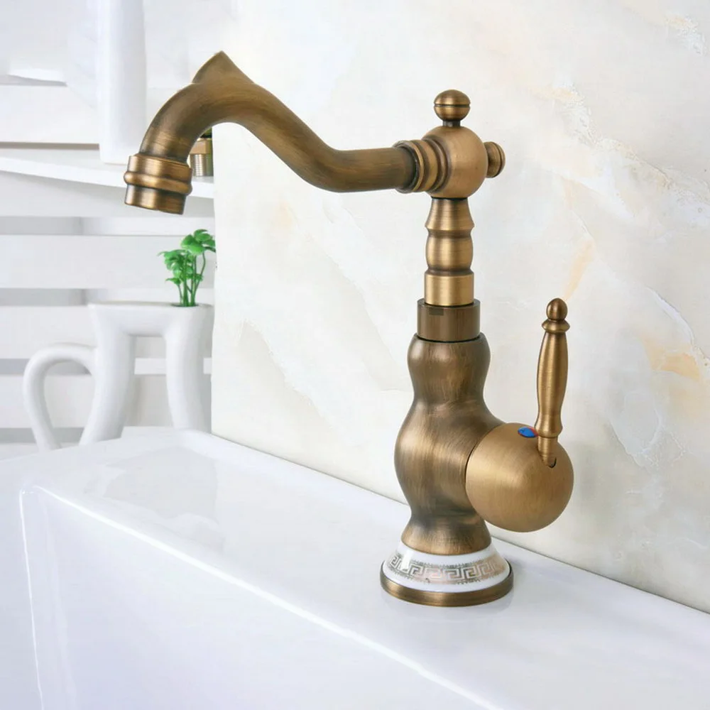 Deck Mounted Antique Brass Single Handle Hole Bathroom Sink Mixer Faucet Hot and Cold Water Mixer Tap Nnf612