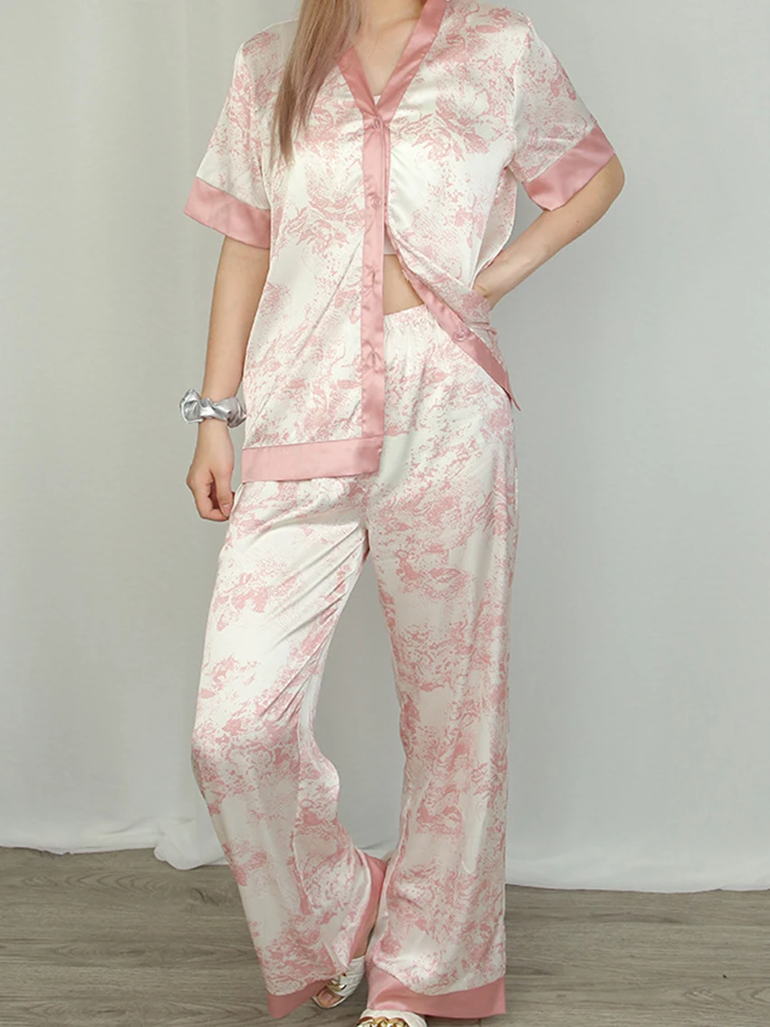Marthaqiqi Printing Women'S Nightgowns Suit Sexy V-Neck Sleepwear Short Sleeve Nightwear Pants Casual Ladies Pajamas 2 Piece Set