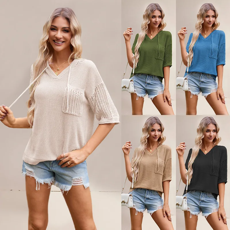 

High Quality 2024 Summer New Loose Hooded Knitwear Women's Solid Color Hollow Top Women's Knitted Sweater Vintage Y2k Top Kpop