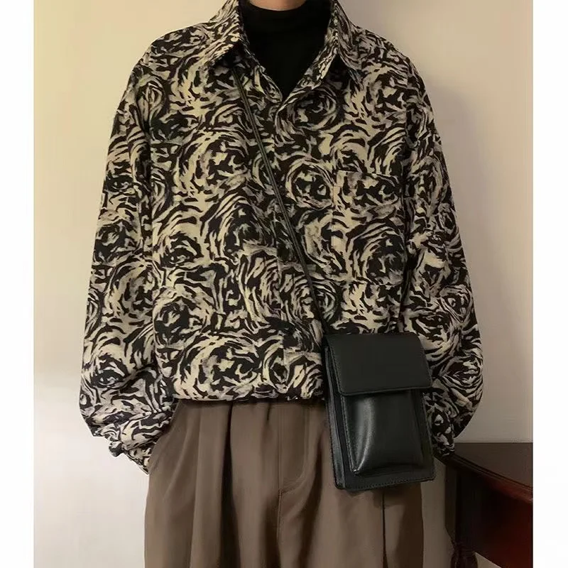 

Мужская винтажная рубашка с длинным рукавом, белая/черная Свободная рубашка с длинными рукавами и цветочным принтом, в американском стиле, 2023