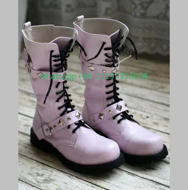 

Lady studed pink calf punk vintage style boots lace-up flat metal rievt design boots buckle strap Y2K studed embellished boots