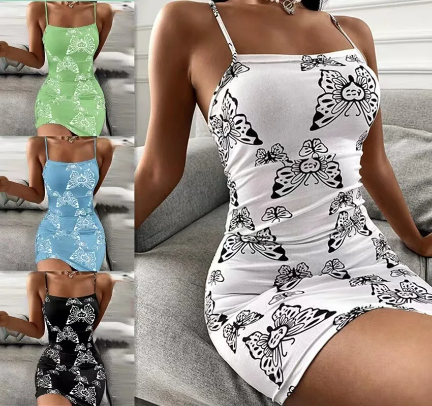 

Butterfly Print Y2k Girl Mini Dress Skinny Short 2023 Summer Women's Sexy Slim Fit Digital Print Strap Short Bodycon Dress