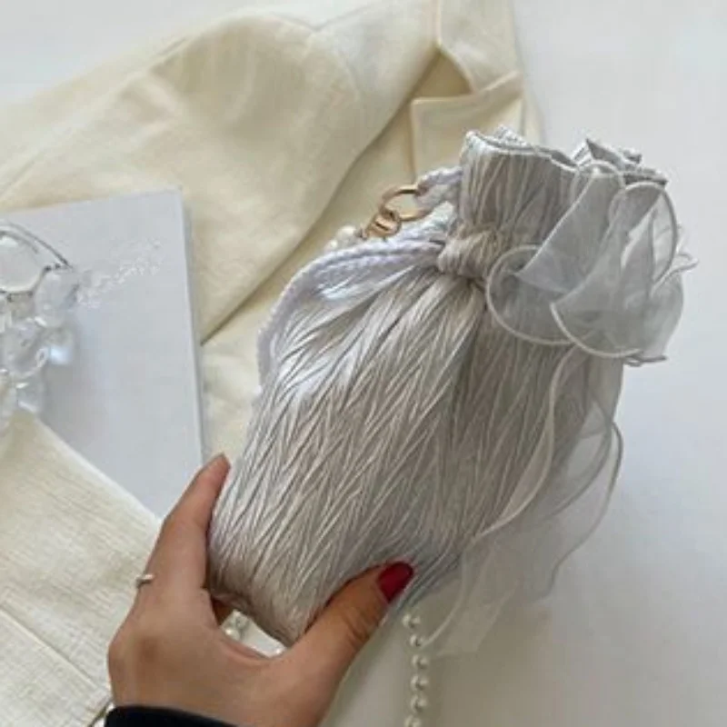 Chic Bowknot Canvas Crossbody Bag with Faux Pearl Chain - Versatile & Stylish Bucket Shoulder Purse for Women