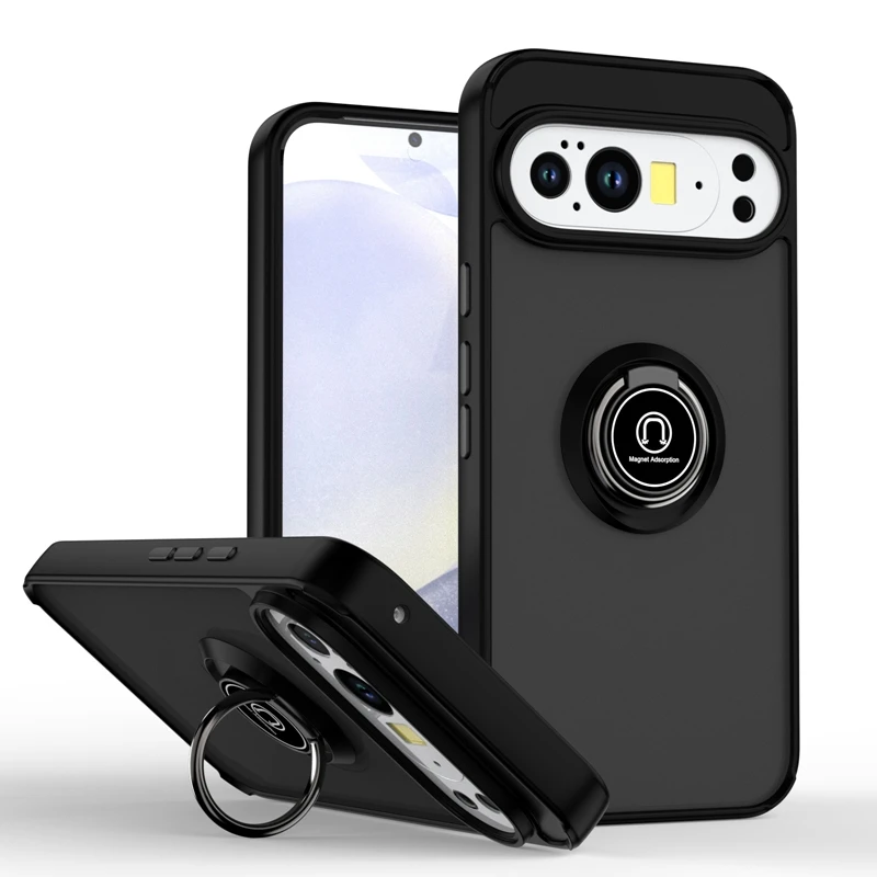 Armor Shockproof Magnetic Phone Case with Ring Holder - Matte Finish & Camera Lens Protection