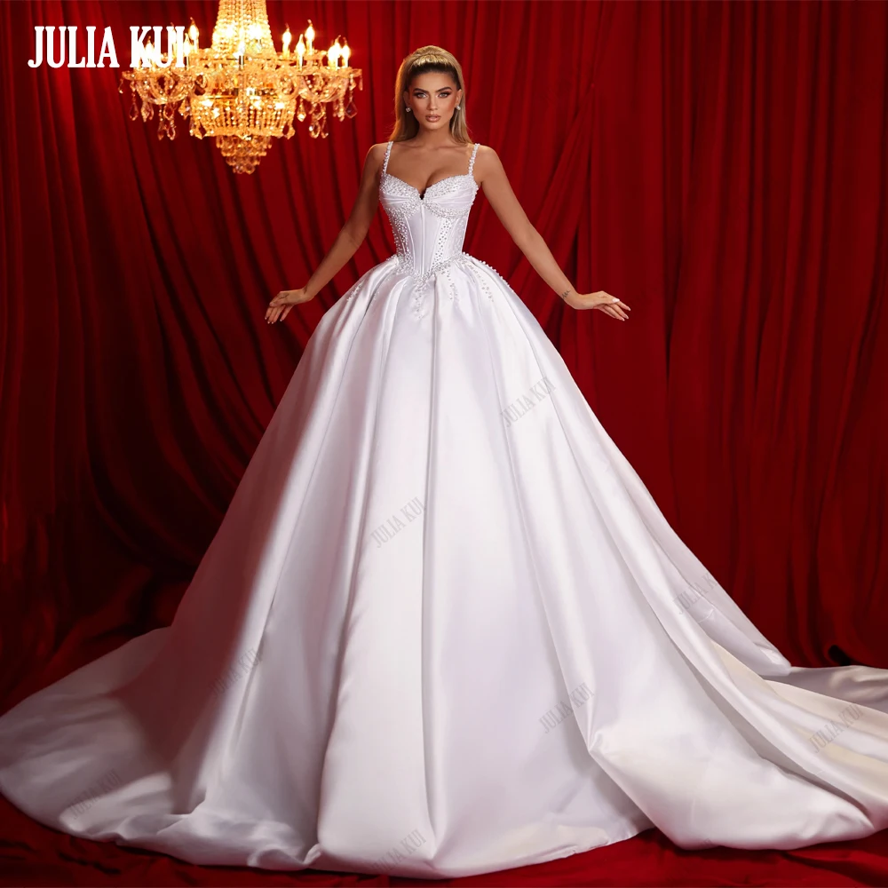 Julia Kui Vintage Beading Pearls Satin Sweetheart Ball Gown Wedding Dress With Spaghetti Straps And Backless Bridal Gowns 1