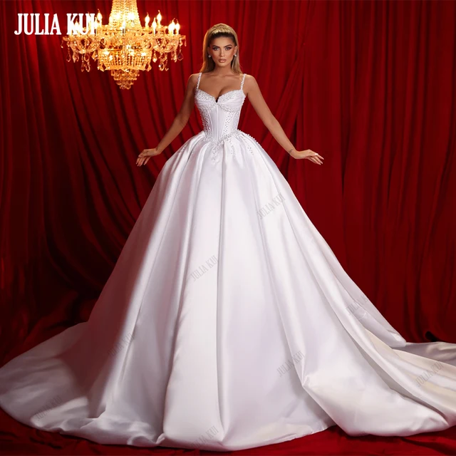 Julia Kui Vintage Beading Pearls Satin Sweetheart Ball Gown Wedding Dress With Spaghetti Straps And Backless Bridal Gowns 1