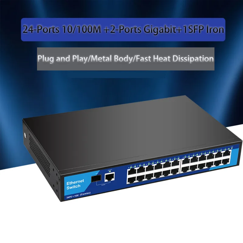 

Ethernet Network Switcher RJ45 HUB gigabit switch Internet Splitter 24-Port 100M +2-Ports Gigabit+1SFP Iron Game Loading Adapter