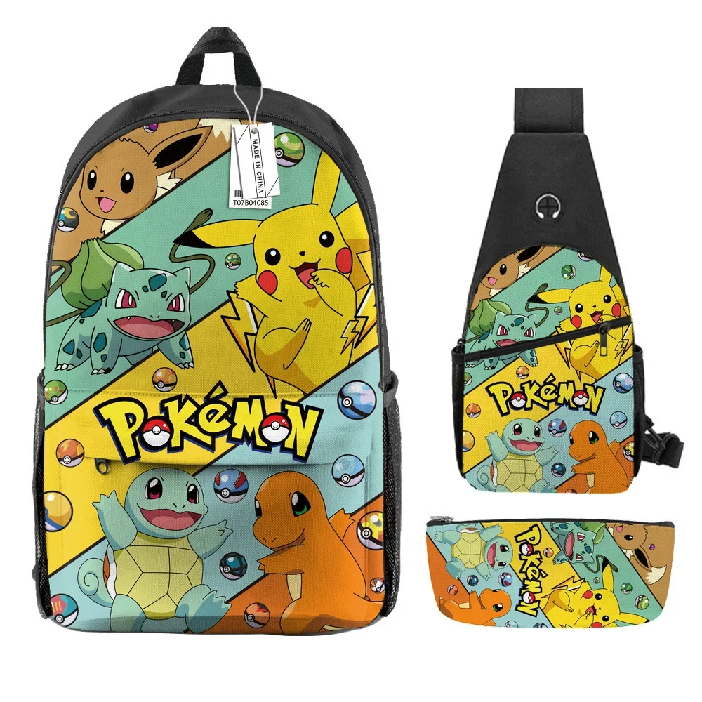 

3PC-Pikachu Schoolbag Printing Fashion Trend Backpack Pokemon Chest Bag Pen Bag Backpack Three-piece Birthday Gift