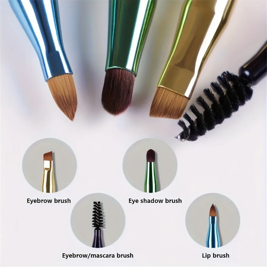 4-in-1 Portable Makeup Brush Set, Metal Handle Eyebrow & Lip Brushes with Eyelash And Eyeshadow Applicators, Travel-Friendly