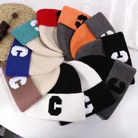 Unisex Simple Big C Letter Woolen Bonnet Cap Autumn Winter Ear Protection Knitted Hat Student Color Match Skullies Beanies 2