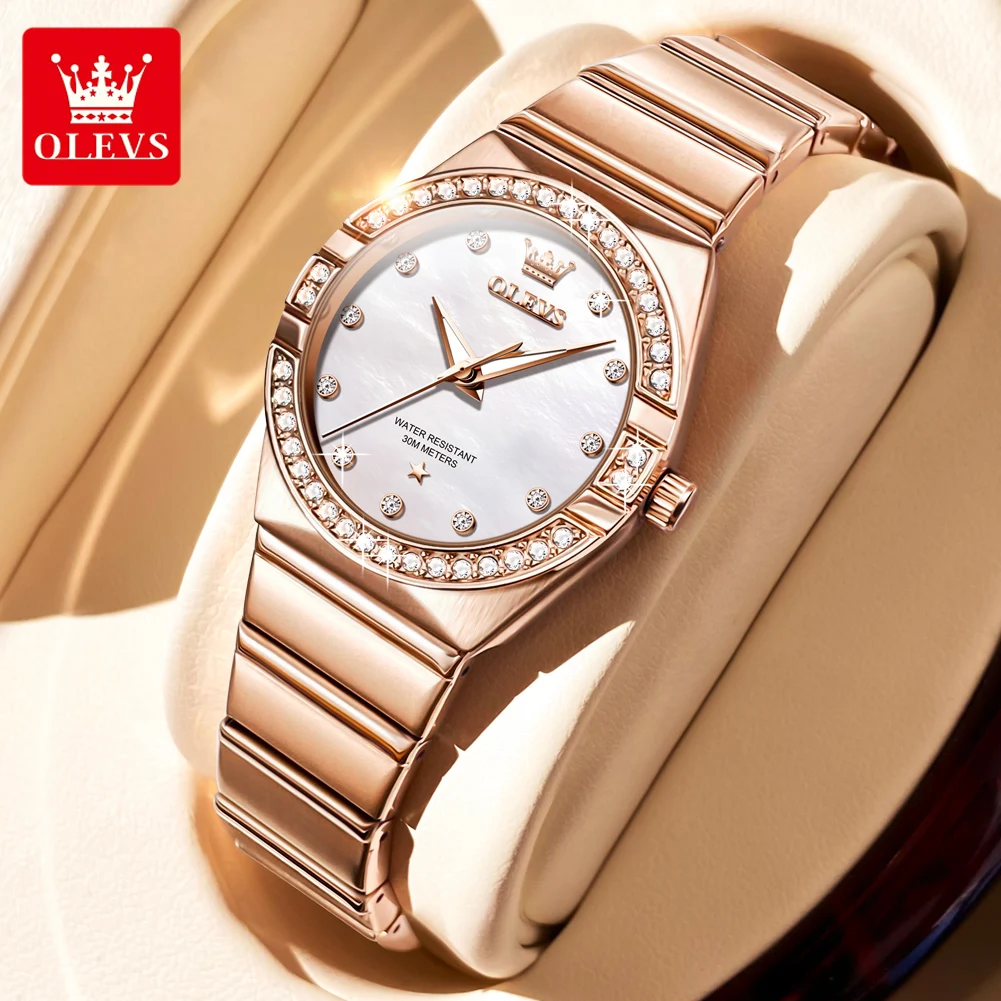 OLEVS Luxury Diamond Quartz Watch for Women Fashion Rose Gold Stainless Steel Strap Waterproof Womens Watch Relogio Feminino