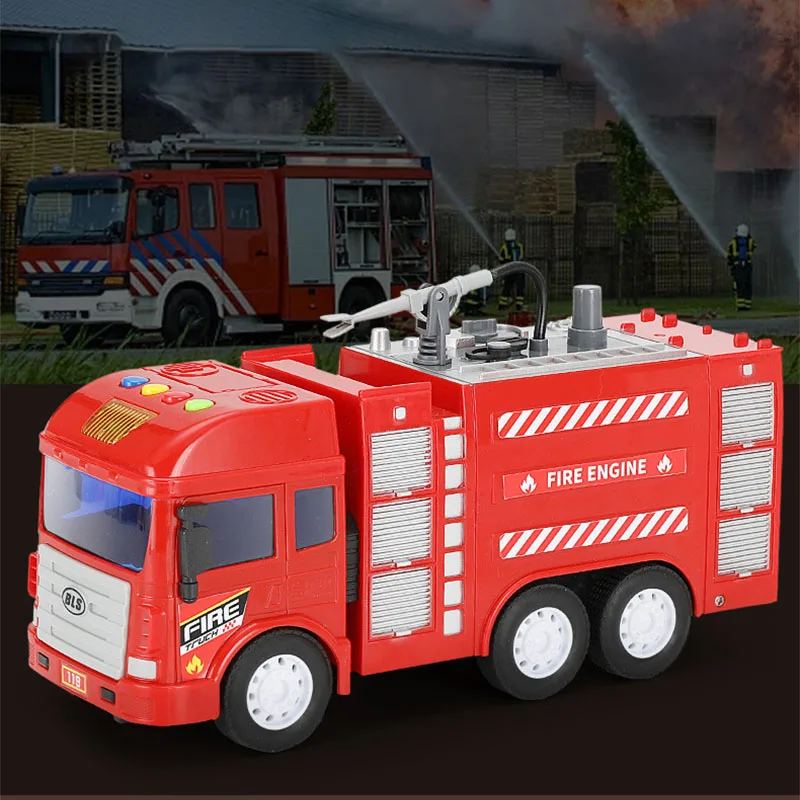 Caminhão de bombeiros de brinquedo vermelho com mangueira esguicha água e  escada caminhão de água 